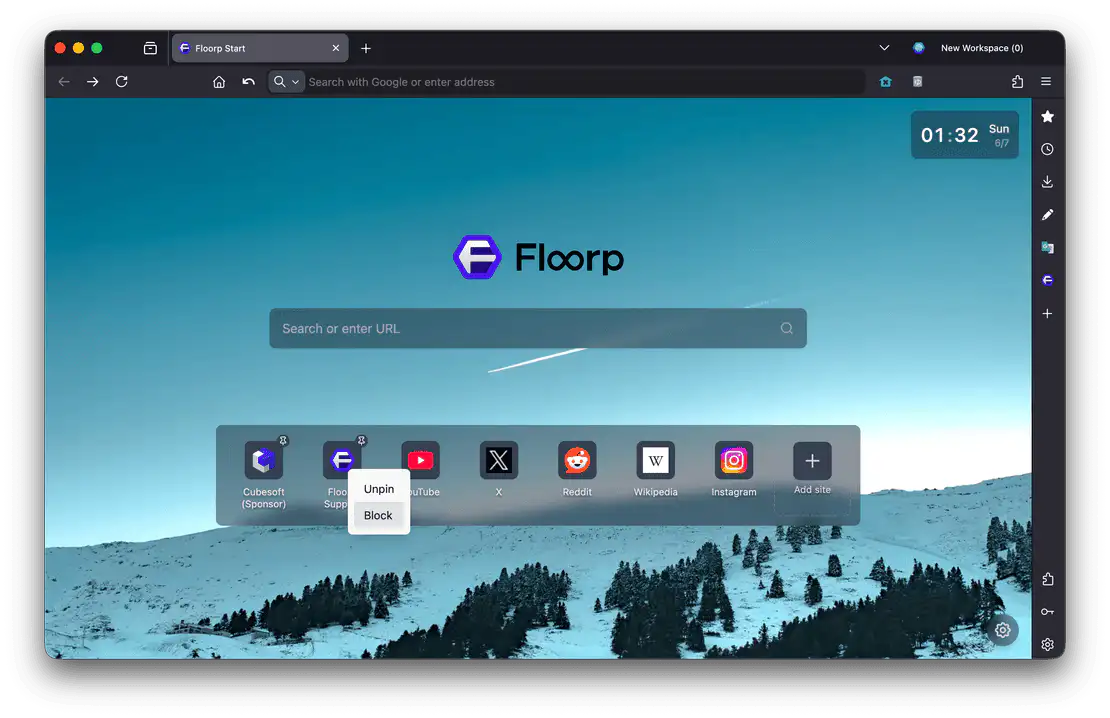 Right-clicking a site on Top Sites and selecting Block