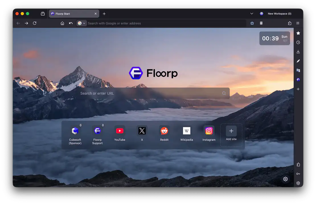 新しいタブで Floorp Start を開いている様子